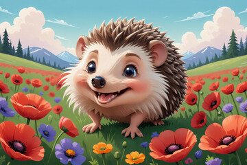 A cartoon style illustration of a happy hedgehog, in a meadow surrounded by colorful blooming poppies
