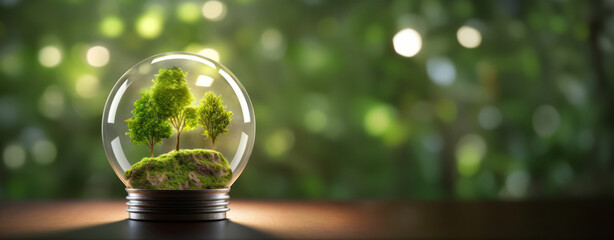 Glass sphere with quaint cottage and greenery with magical soft light in harmony with nature. Protecting and preserving the environment. Ecological habitats. Sustainable lifestyles. Banner. Copy space