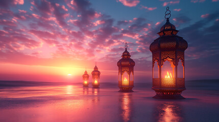 Fototapeta premium Eid Mubarek - Ramdan Kareem ... Islamic lantern in the middle of desert . generative AI