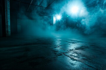 Naklejka premium The dark stage shows, dark blue background, an empty dark scene, neon light, spotlights The asphalt floor and studio room with smoke float up the interior texture for display products