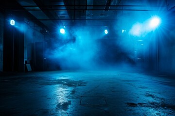 The dark stage shows, dark blue background, an empty dark scene, neon light, spotlights The asphalt floor and studio room with smoke float up the interior texture for display products