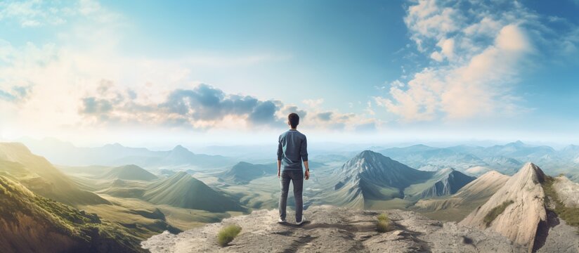 Man standing on a cliff overlooking a vast mountain landscape