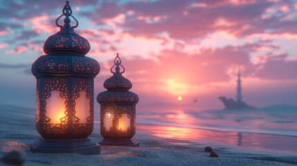 Obraz na płótnie Canvas Eid Mubarek - Ramdan Kareem ... Islamic lantern in the middle of desert . generative AI