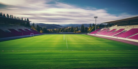 Empty soccer stadium with green field and pink seats