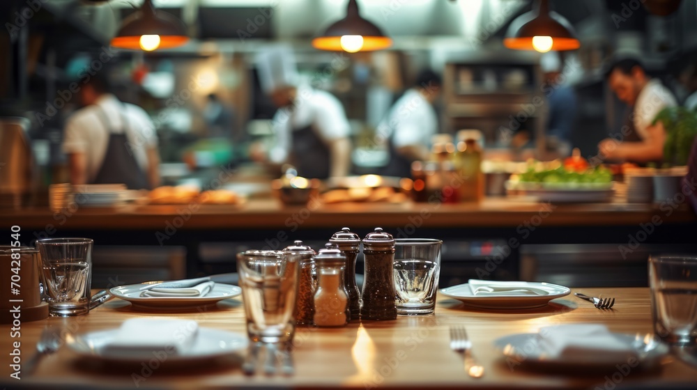 Wall mural a restaurant table with glasses and condiments in the foreground chefs cooking in the background.