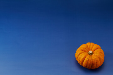 小型のカボチャを中心に右下に1個配置した青色系背景あり俯瞰撮影