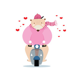 A little cute bear riding a motorcycle with flying red heart on white background. Vector illustration for Valentine's day decoration 