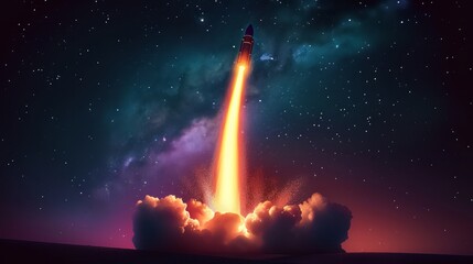 A vibrant rocket launch against a starry night sky.