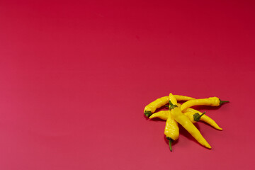 黄色系唐辛子を複数右下に複数配置した赤色系背景あり俯瞰撮影