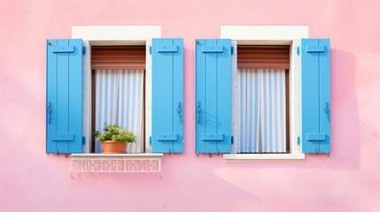 Pink and blue painted facade of the house and window