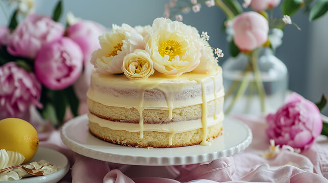Elderflower lemon cake with flower decoration