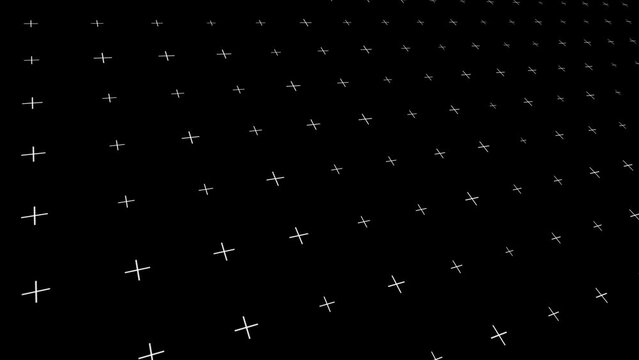 4K animated background grid composed of twinkling plus symbol. Perspective animated plus symbol in the gridwith the black background.