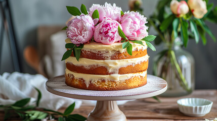 Obraz na płótnie Canvas Delicious lemon elderflower cake decorated with peonies