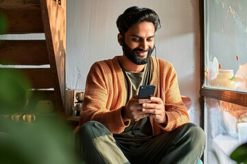 Happy indian ehnic man relaxing at home drinking coffee wearing earbud using cell phone having virtual mobile chat video call on smartphone, watching social media videos or game, Generative AI  - obrazy, fototapety, plakaty