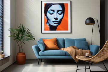 Blue and orange living room interior with a painting of a woman