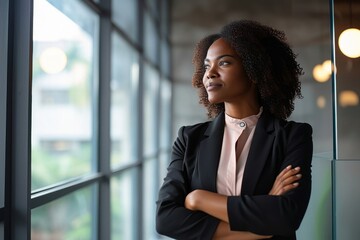Confident smiling young professional business woman ceo corporate leader, female African American lawyer or manager executive wearing suit standing arms crossed in office, looking away, Generative AI 