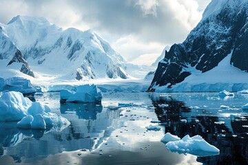 A stunning arctic landscape of icebergs, mountains, and glacial lakes creates a serene reflection of nature's raw beauty and the fragility of melting ice in the ever-changing arctic ocean - obrazy, fototapety, plakaty