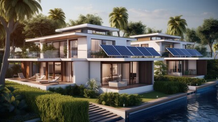 Fototapeta na wymiar New urbanization of houses or chalets with swimming pool and solar panels. sustainable energy concept