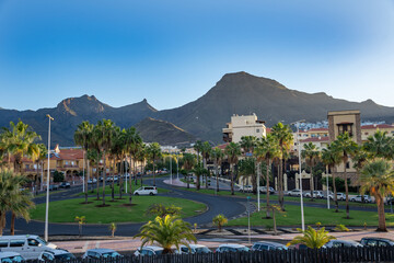 View of Costa Adeje hotels and resorts. Mountains in background