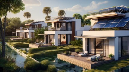 New urbanization of houses or chalets with swimming pool and solar panels. sustainable energy concept