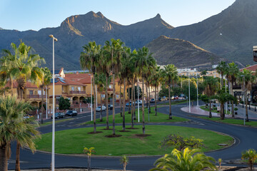 View of Costa Adeje hotels and resorts. Mountains in background