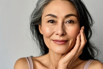 Headshot portrait of gorgeous happy middle aged mature asian woman, senior older 50 year lady looking at camera touching her face isolated on white. Ads of lifting anti wrinkle skin, Generative AI 