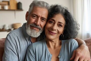 Happy mature mid age couple hugging, enjoying bonding sitting on couch in apartment. Smiling affectionate older 50s husband embracing senior wife looking at camera relaxing at home, Generative AI  - obrazy, fototapety, plakaty