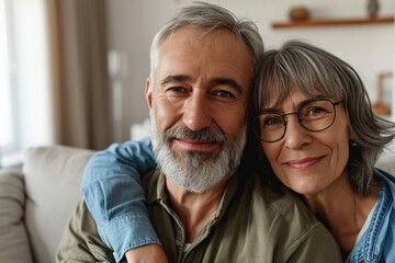 Happy mature mid age couple hugging, enjoying bonding sitting on couch in apartment. Smiling affectionate older 50s husband embracing senior wife looking at camera relaxing at home, Generative AI  - obrazy, fototapety, plakaty