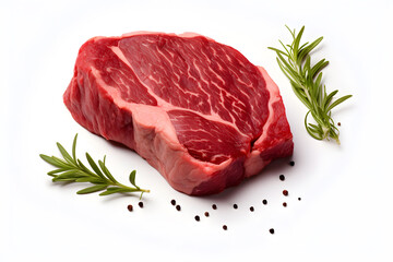 Fresh Raw beef steak with rosemary on white background