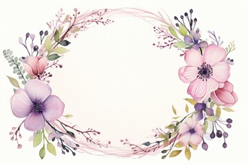Obraz na płótnie Canvas Against a blank white canvas, a watercolor floral frame exhibits two perfectly mirrored wreaths comprised of lively flowers and leaves in various colors. Created with generative AI tools