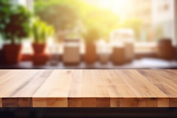 The backdrop of a kitchen fades into a blur, emphasizing the wooden tabletop's suitability for product displays and design layouts. Created with generative AI tools