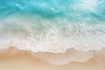 Fototapeta na wymiar An abstract sandy beach is graced by the light blue embrace of transparent waves and the sun's golden touch—a breathtaking summer vacation background concept banner. Created with generative AI tools