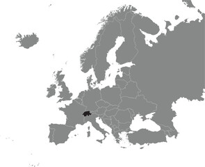 Black CMYK national map of SWITZERLAND inside detailed gray blank political map of European continent on transparent background using Mercator projection