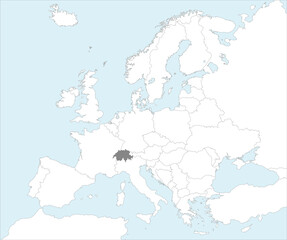 Gray CMYK national map of SWITZERLAND inside detailed white blank political map of European continent on blue background using Mollweide projection