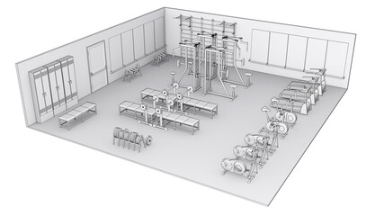 Contour visualization of gym interior. Isometric 3d illustration isolated on white