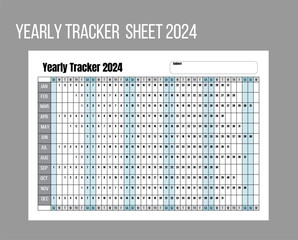 Blank year tracker Sheet, habit tracker, start on Sunday, 2024 calendar template.