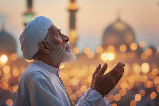 Old muslim man in ramadan kareem and maghrib call to prayer dua allah on mosque with sunset background.