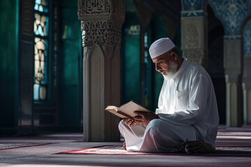 Close up a muslim old man read the holy quran inside mosque in Ramadan month with islamic theme and sunset morning. - obrazy, fototapety, plakaty