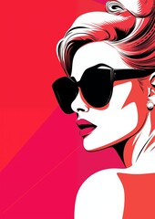 Portrait of a woman with sunglasses in colorful pop art red pink