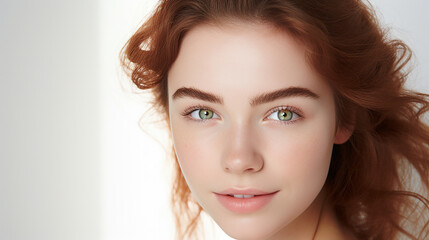 Fototapeta premium A cute woman's open eye luminous skin, surrounded by a minimalist, modern white background
