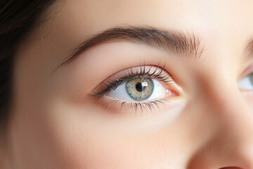 A cute woman's open eye luminous skin, surrounded by a minimalist, modern white background