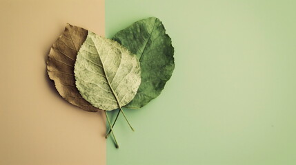 Dry leaves in shape of a heart on green and yellow block background. Copy space for text. Love, Nature, Fall, Autumn, Valentine's Day concept.