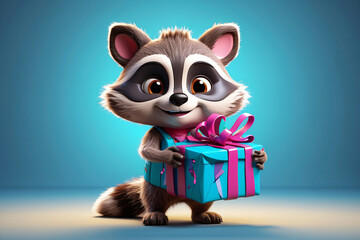 3d cute raccoon character bringing a gift with fantasy colors