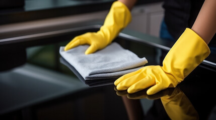 Woman wiping white metal table indoors, closeup