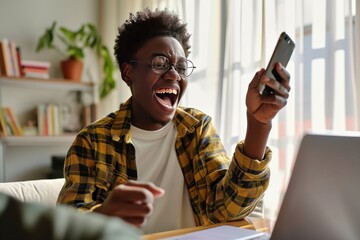 Young happy African American teen student feeling excited winner holding cellphone using mobile phone winning online, receiving great news on smartphone getting reward celebrating, Generative AI  - obrazy, fototapety, plakaty