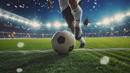Naklejka premium Football World Championship: Soccer Player Runs to Kick the Ball. Ball on the Grass Field of Arena, Full Stadium of Crowd Cheers. International Tournament. Cinematic Shot Captures Victory 