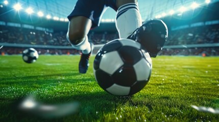 Football World Championship: Soccer Player Runs to Kick the Ball. Ball on the Grass Field of Arena, Full Stadium of Crowd Cheers. International Tournament. Cinematic Shot Captures Victory 