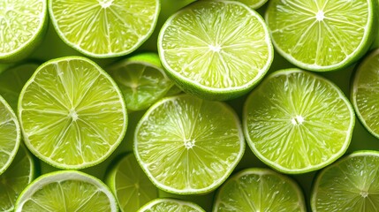 Fresh juicy lime slices as background, top view