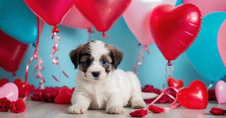 A background for valentines day banner with cute puppies surrounded with colorful balloons and hearts.