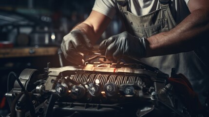 Close-up. An expert auto mechanic uses tools to repair a car engine in his garage.